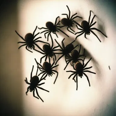 In the horror movie, a cluster of spiders emerges from the dark corner.
