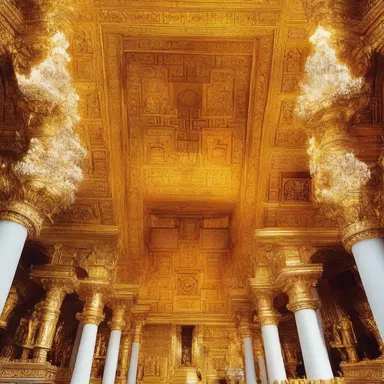 The temple's ceiling was adorned with a beautiful cluster of golden angels.