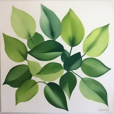 The artist used different shades of green to cluster the leaves together in a beautiful painting.