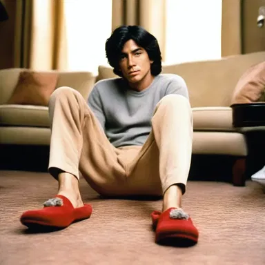 In the movie, the main character wore a pair of comfortable carpet slippers while lounging at home.