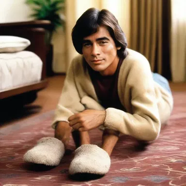 In the movie, the main character wore a pair of comfortable carpet slippers while lounging at home.