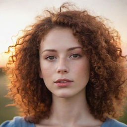 A girl with fair skin, light brown eyes, and vibrant dark red curly hair. She has a small mole on her lip and a delicate nose, set against a beautiful sunset.