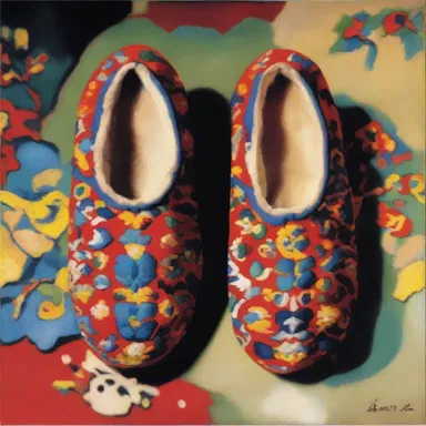 The artist depicted a pair of colorful carpet slippers as a symbol of comfort and relaxation in his painting.
