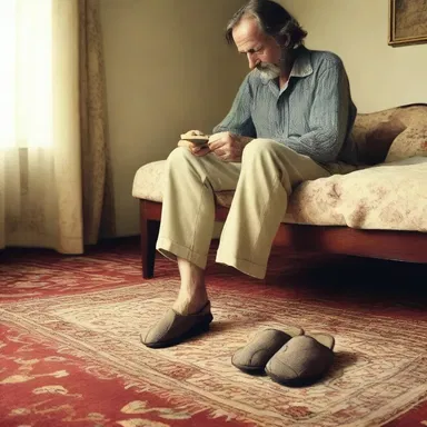 In the novel, the protagonist always liked to start his day by slipping into his worn-out carpet slippers.