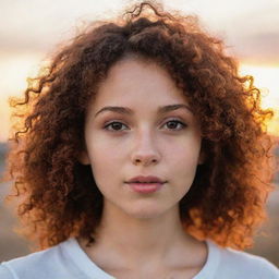 A girl with fair skin, light brown eyes, and vibrant dark red curly hair. She has a small mole on her lip and a delicate nose, set against a beautiful sunset.