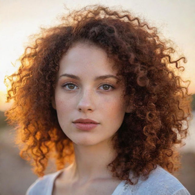 A girl with fair skin, light brown eyes, and vibrant dark red curly hair. She has a small mole on her lip and a delicate nose, set against a beautiful sunset.