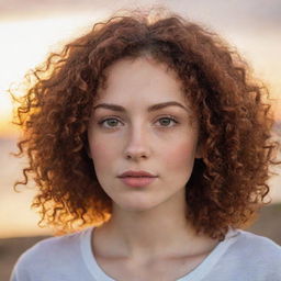 A girl with fair skin, light brown eyes, and vibrant dark red curly hair. She has a small mole on her lip and a delicate nose, set against a beautiful sunset.