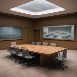 A haunting artwork of the UN Security Council meeting room featuring graves and transparent ghosts, hinting at a poignant atmosphere of history and memory.