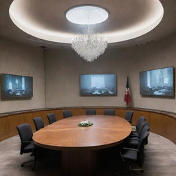 A haunting artwork of the UN Security Council meeting room featuring graves and transparent ghosts, hinting at a poignant atmosphere of history and memory.