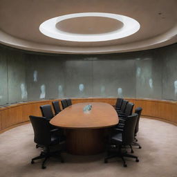 A haunting artwork of the UN Security Council meeting room featuring graves and transparent ghosts, hinting at a poignant atmosphere of history and memory.