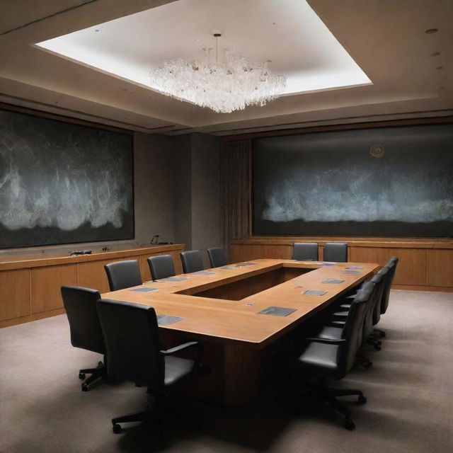 A haunting artwork of the UN Security Council meeting room featuring graves and transparent ghosts, hinting at a poignant atmosphere of history and memory.