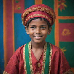 A young Bangladeshi boy dressed in traditional clothing, with a lively, vibrant background depicting the culture and beauty of Bangladesh.