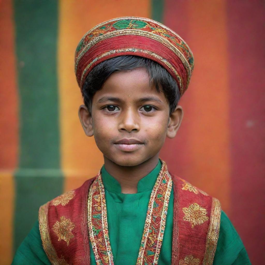 A young Bangladeshi boy dressed in traditional clothing, with a lively, vibrant background depicting the culture and beauty of Bangladesh.