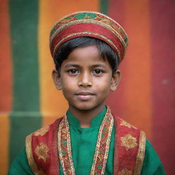 A young Bangladeshi boy dressed in traditional clothing, with a lively, vibrant background depicting the culture and beauty of Bangladesh.