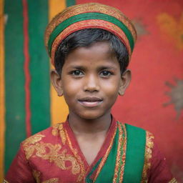 A young Bangladeshi boy dressed in traditional clothing, with a lively, vibrant background depicting the culture and beauty of Bangladesh.