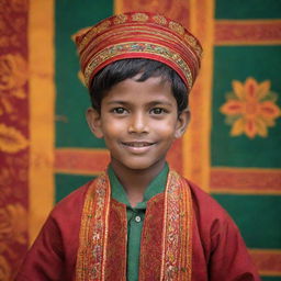 A young Bangladeshi boy dressed in traditional clothing, with a lively, vibrant background depicting the culture and beauty of Bangladesh.