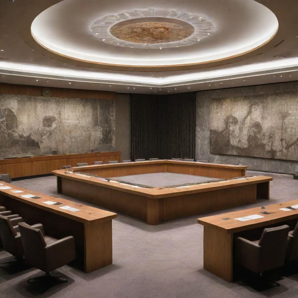 A dramatic illustration of the UN Security Council meeting room, eerily containing graves and skeletal figures, evoking a sense of history's weight.