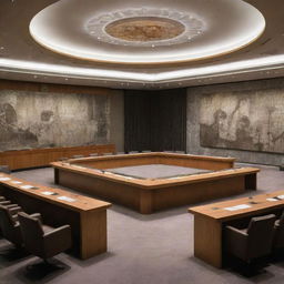 A dramatic illustration of the UN Security Council meeting room, eerily containing graves and skeletal figures, evoking a sense of history's weight.