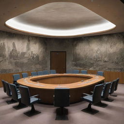 A dramatic illustration of the UN Security Council meeting room, eerily containing graves and skeletal figures, evoking a sense of history's weight.