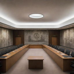 A dramatic illustration of the UN Security Council meeting room, eerily containing graves and skeletal figures, evoking a sense of history's weight.