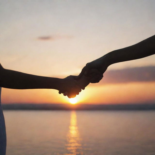 Two people holding hands in front of a beautiful sunset, symbolizing a loving relationship.