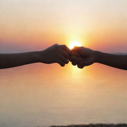 Two people holding hands in front of a beautiful sunset, symbolizing a loving relationship.