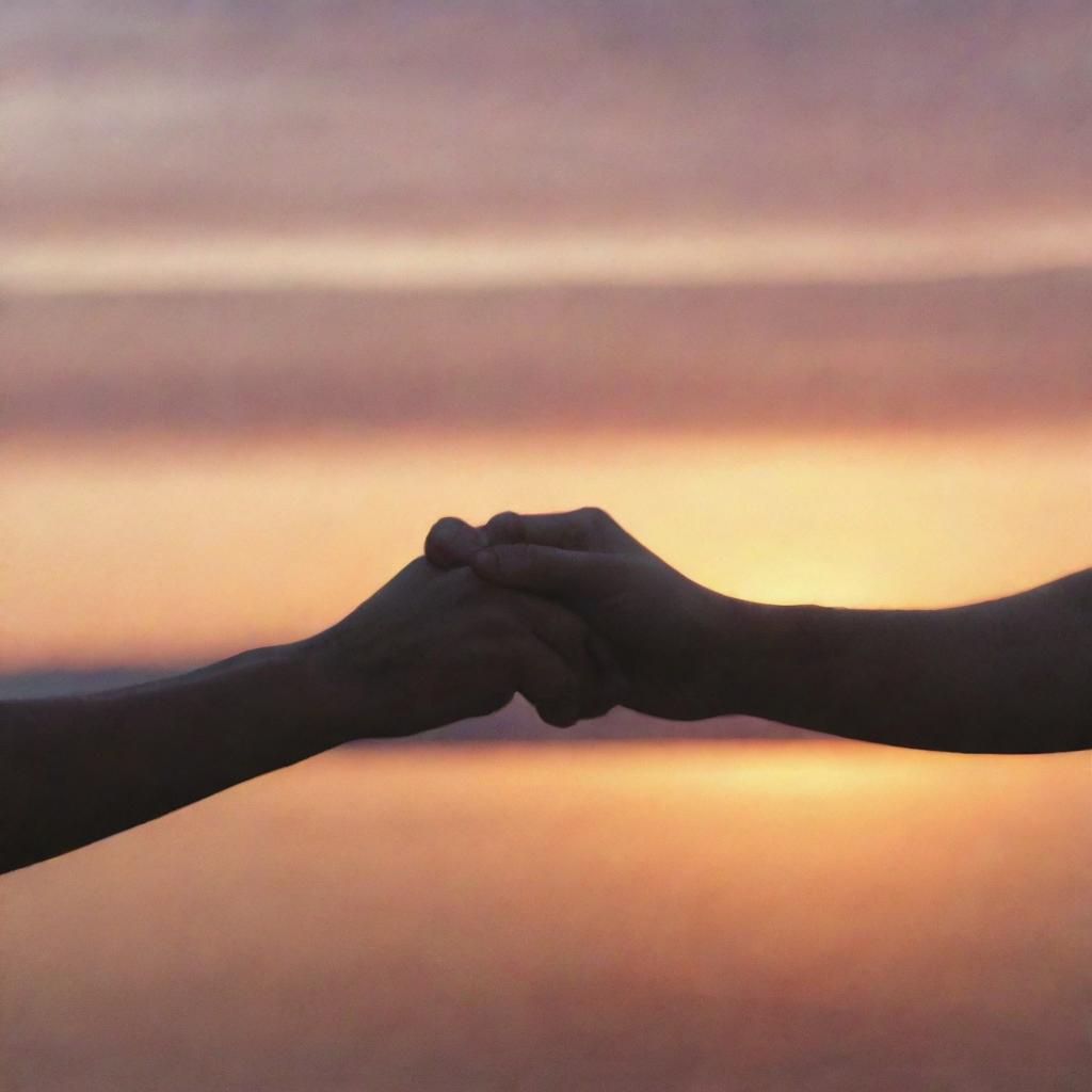 Two people holding hands in front of a beautiful sunset, symbolizing a loving relationship.