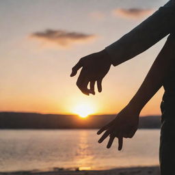 Two people holding hands in front of a beautiful sunset, symbolizing a loving relationship.