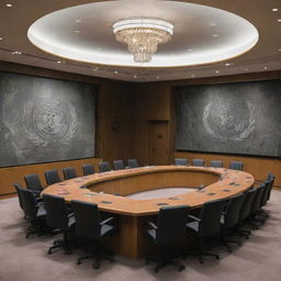 An eerie illustration of the UN Security Council Meeting room, with a distinct visual twist - graves and skeletal figures hauntingly arranged on the large meeting table.