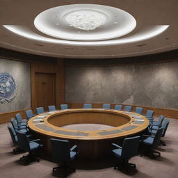 An eerie illustration of the UN Security Council Meeting room, with a distinct visual twist - graves and skeletal figures hauntingly arranged on the large meeting table.