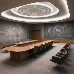 An eerie illustration of the UN Security Council Meeting room, with a distinct visual twist - graves and skeletal figures hauntingly arranged on the large meeting table.