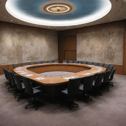 An eerie illustration of the UN Security Council Meeting room, with a distinct visual twist - graves and skeletal figures hauntingly arranged on the large meeting table.