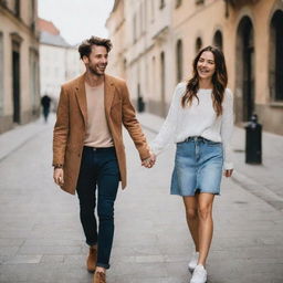 A girl holding hands with her stylish boyfriend, both laughing and enjoying themselves.