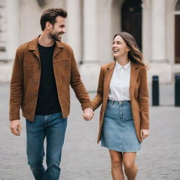 A girl holding hands with her stylish boyfriend, both laughing and enjoying themselves.