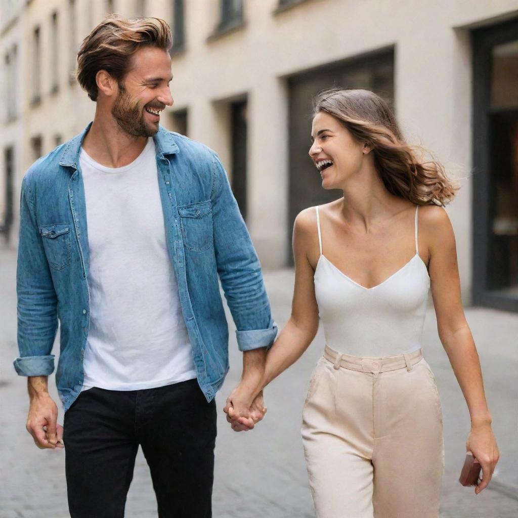 A girl holding hands with her stylish boyfriend, both laughing and enjoying themselves.