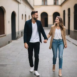 A girl holding hands with her stylish boyfriend, both laughing and enjoying themselves.