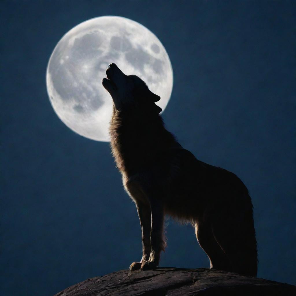 A majestic lone wolf silhouetted against a luminous full moon, head back in a soulful howl.