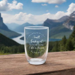 Design a 2oz tumbler with inspiring quotes encircling it, set against a stunning scenery backdrop. Ensure transparent PNG output suitable for sublimation printing.