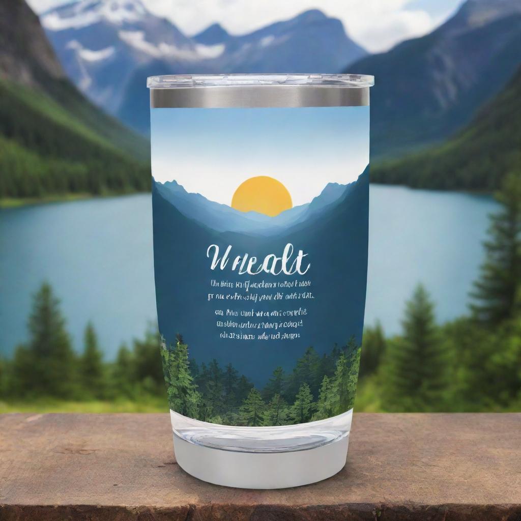 Design a 2oz tumbler with inspiring quotes encircling it, set against a stunning scenery backdrop. Ensure transparent PNG output suitable for sublimation printing.