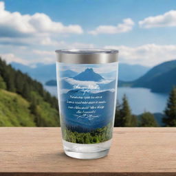 Design a 2oz tumbler with inspiring quotes encircling it, set against a stunning scenery backdrop. Ensure transparent PNG output suitable for sublimation printing.