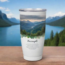 Design a 2oz tumbler with inspiring quotes encircling it, set against a stunning scenery backdrop. Ensure transparent PNG output suitable for sublimation printing.