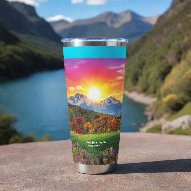 Design a 2oz tumbler embellished with inspirational quotes, set against a vibrant scenic background. Render 4 perspectives of the tumbler with the design wrapping seamlessly around it, ensuring it's suitable for sublimation printing. Image should be PNG with a transparent background.