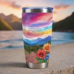 Design a 2oz tumbler embellished with inspirational quotes, set against a vibrant scenic background. Render 4 perspectives of the tumbler with the design wrapping seamlessly around it, ensuring it's suitable for sublimation printing. Image should be PNG with a transparent background.