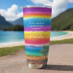 Design a 2oz tumbler embellished with inspirational quotes, set against a vibrant scenic background. Render 4 perspectives of the tumbler with the design wrapping seamlessly around it, ensuring it's suitable for sublimation printing. Image should be PNG with a transparent background.