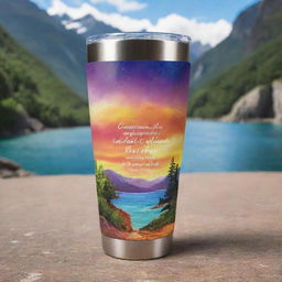 Design a 2oz tumbler embellished with inspirational quotes, set against a vibrant scenic background. Render 4 perspectives of the tumbler with the design wrapping seamlessly around it, ensuring it's suitable for sublimation printing. Image should be PNG with a transparent background.