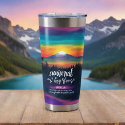 A 2oz tumbler design adorned with inspirational quotes, set against a vibrant and captivating scenery backdrop. The image should be suitable for sublimation printing, with a transparent background and PNG format.