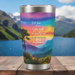 A 2oz tumbler design adorned with inspirational quotes, set against a vibrant and captivating scenery backdrop. The image should be suitable for sublimation printing, with a transparent background and PNG format.