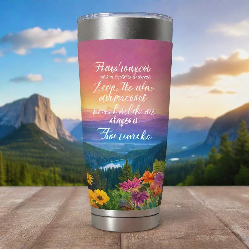 A 2oz tumbler design adorned with inspirational quotes, set against a vibrant and captivating scenery backdrop. The image should be suitable for sublimation printing, with a transparent background and PNG format.