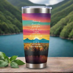 A 2oz tumbler design adorned with inspirational quotes, set against a vibrant and captivating scenery backdrop. The image should be suitable for sublimation printing, with a transparent background and PNG format.