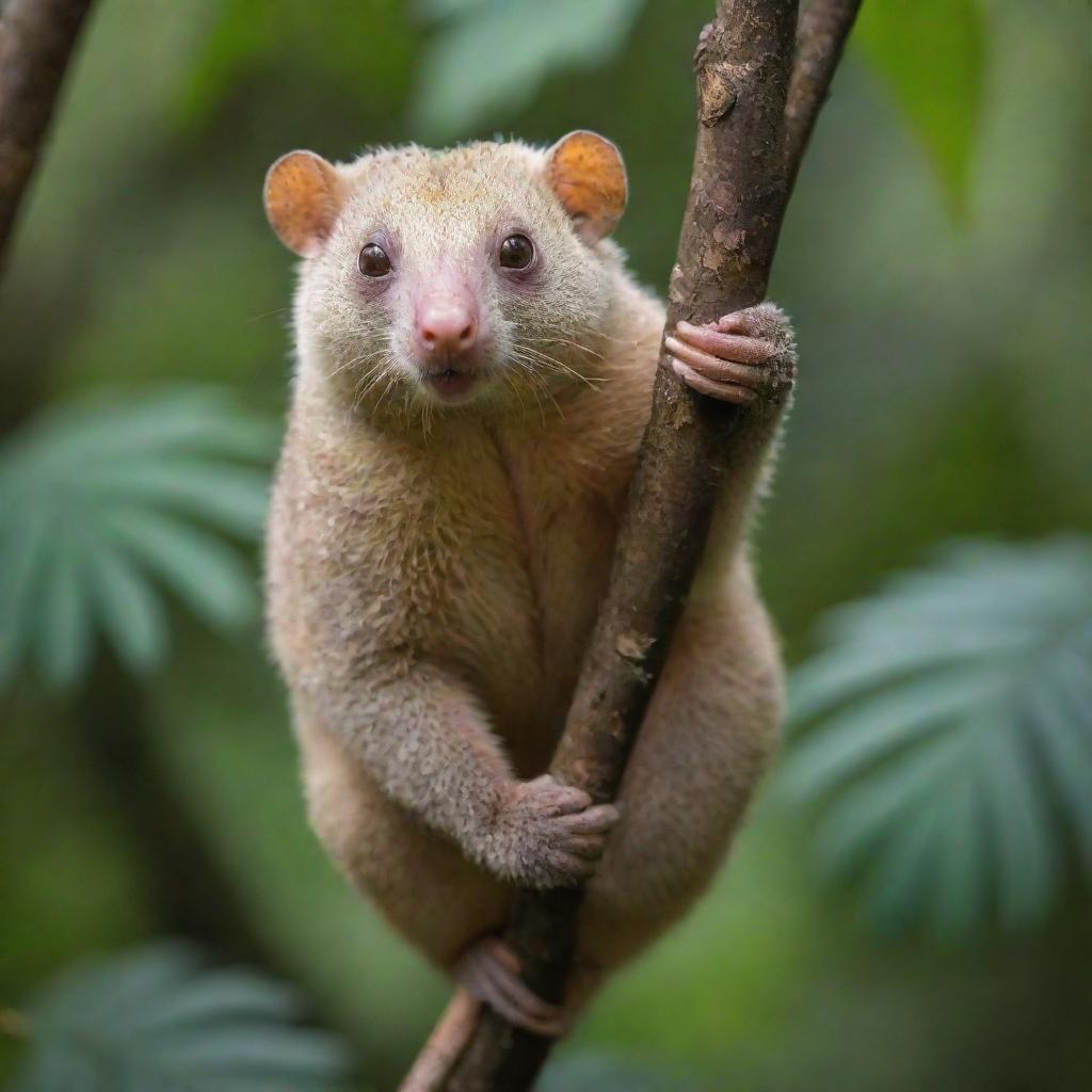 A Morroxan Cuscus, an exotic, possum-like mammal with lush, dense fur and intricate patterns, hanging from a tree in a vibrant, tropical rainforest